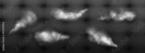 White dust, smoke or fog clouds isolated on transparent background. Vector realistic set of powder or steam spray, splash from aerosol, mist trail of car wheels