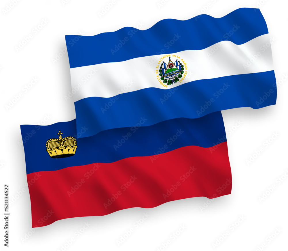 National vector fabric wave flags of Liechtenstein and Republic of El Salvador isolated on white background. 1 to 2 proportion.