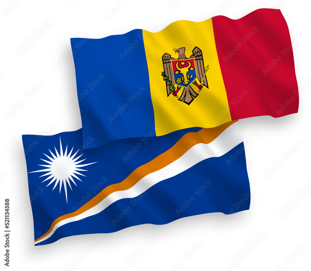 Fototapeta premium National vector fabric wave flags of Republic of the Marshall Islands and Moldova isolated on white background. 1 to 2 proportion.