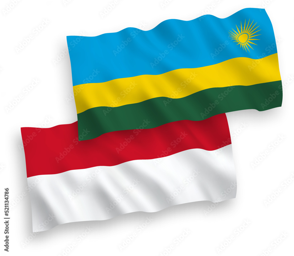 Naklejka premium National vector fabric wave flags of Indonesia and Republic of Rwanda isolated on white background. 1 to 2 proportion.