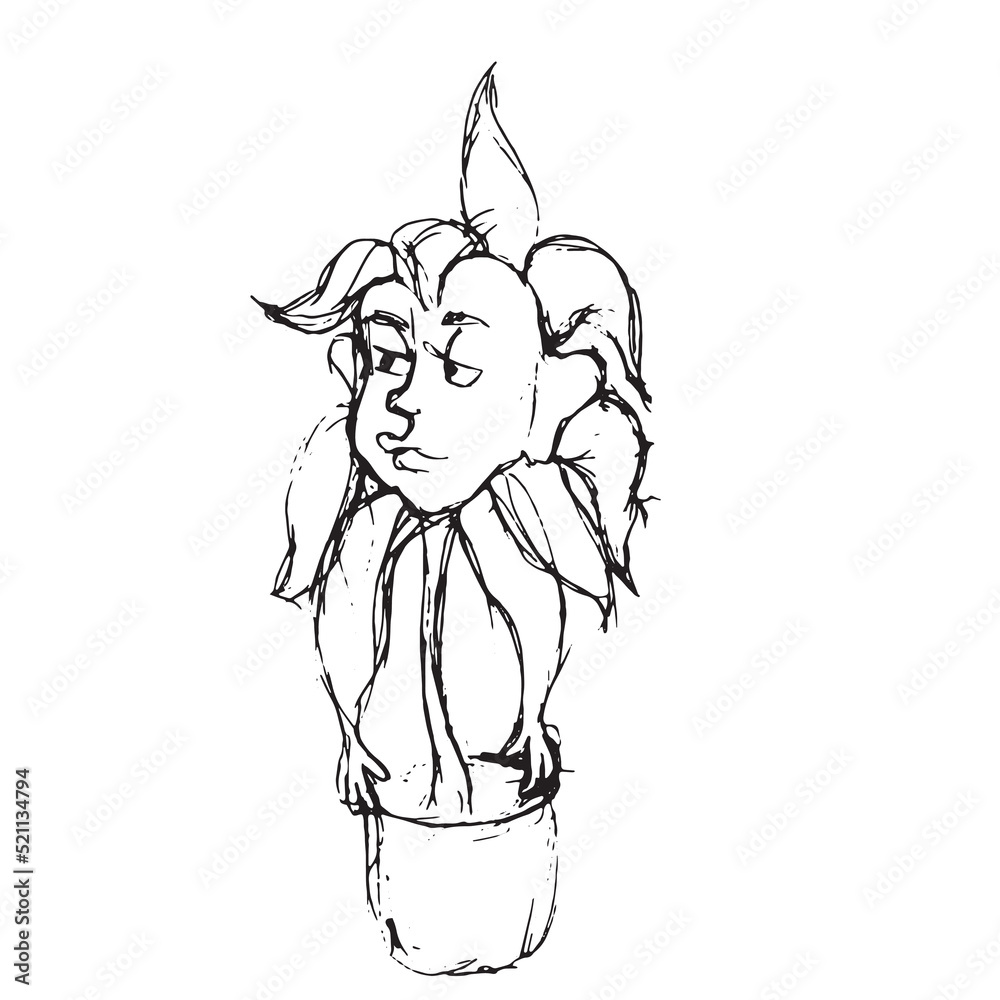 Fototapeta premium Sketch of Thoughtful, dreaming, Cartoon Sunflower in pot