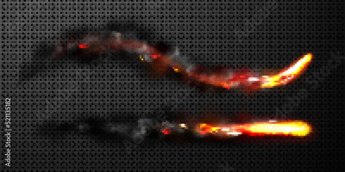 Missile effect, rocket fire trails with black smoke, spacecraft startup launch, space jet flames. Realistic 3d vector airplane take off or ballistic burst tracks isolated on transparent background