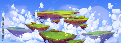 Green rocky island flying in heavenly blue sky cartoon illustration. Colorful vector image of paradise land floating in fluffy white clouds. Fantasy summer landscape on ground pieces hanging in air