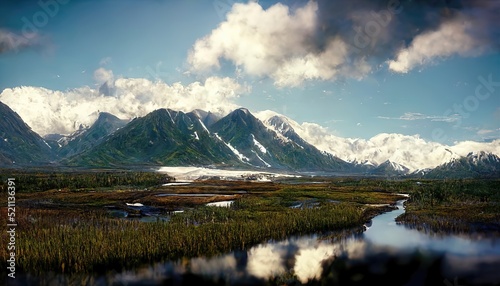 Beautiful landscape of an Alaskan River scene, mountains and river