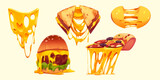 Flowing melted cheese in sandwich, burger and pizza. Vector cartoon set of hot cheddar or parmesan slices with molten cheese drops in fast food isolated on background