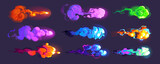 Gun effect, space blasters or magic explosion, colorful vfx clouds. beams and rays. Raygun futuristic alien weapon boom. Game or comic book smoke, fume or haze, Cartoon vector illustration, set