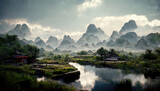 Beautiful landscape of a china landscape with mountains in the background and a river running through the scene