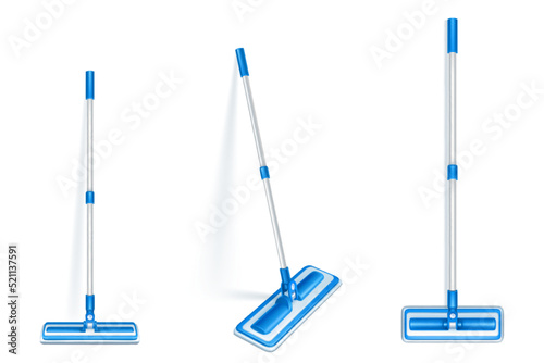 Floor mop for clean and sweep dust at home. Vector realistic illustration of house cleanup tool, broom with plastic handle and cloth duster isolated on white background