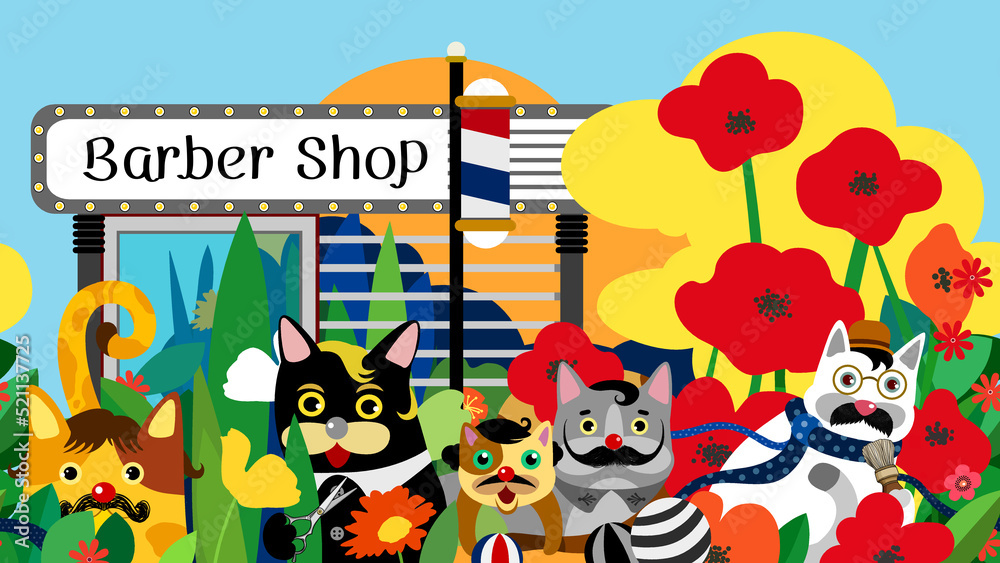 lucky cat  lucky cat style barber shop illustration	
