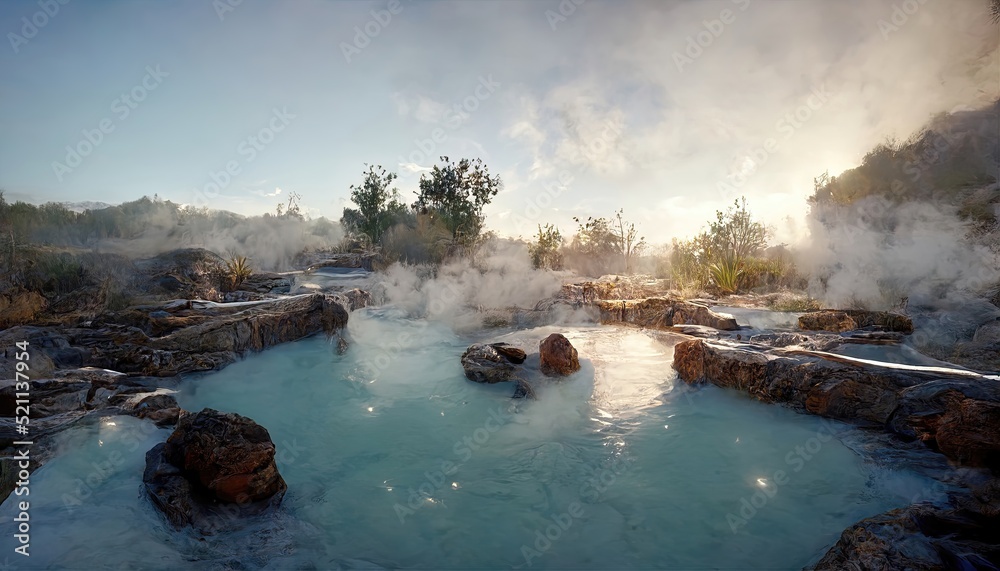 Beautiful landscape scene of a hot springs with steam rising - obrazy, fototapety, plakaty 