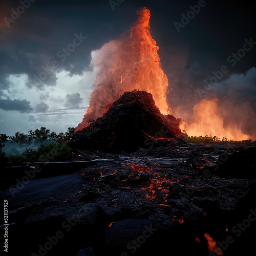 Canvas Print Beautiful landscape scene of a Volcano erupting with lava flowing