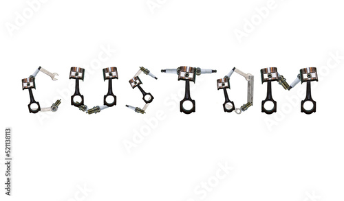 Custom inscription made from car parts on a white background