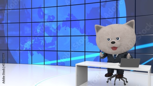 スタジオで解説する猫のニュースキャスター