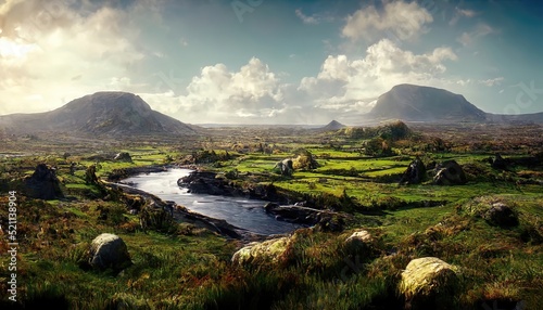 Beautiful landscape of ireland, mountains and river photo