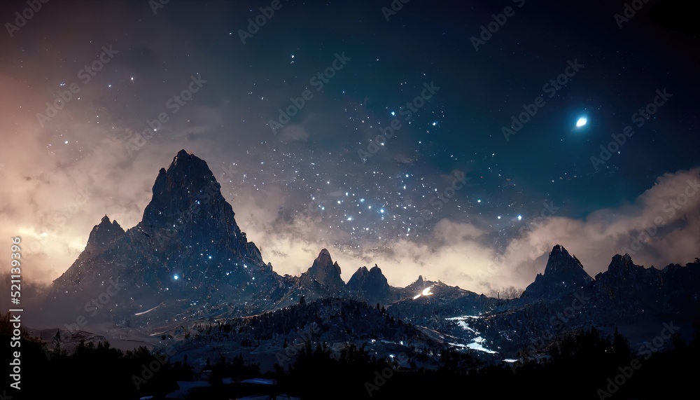 Beautiful landscape scene of a mountain at night under a stary sky Beautiful landscape scene of a mountain at night under a stary sky