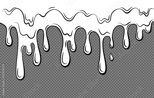 Dripping liquid outline on a transparent background. Contoured black and white illustration of a flowing viscous liquid. Wax, honey, slime. Vector.