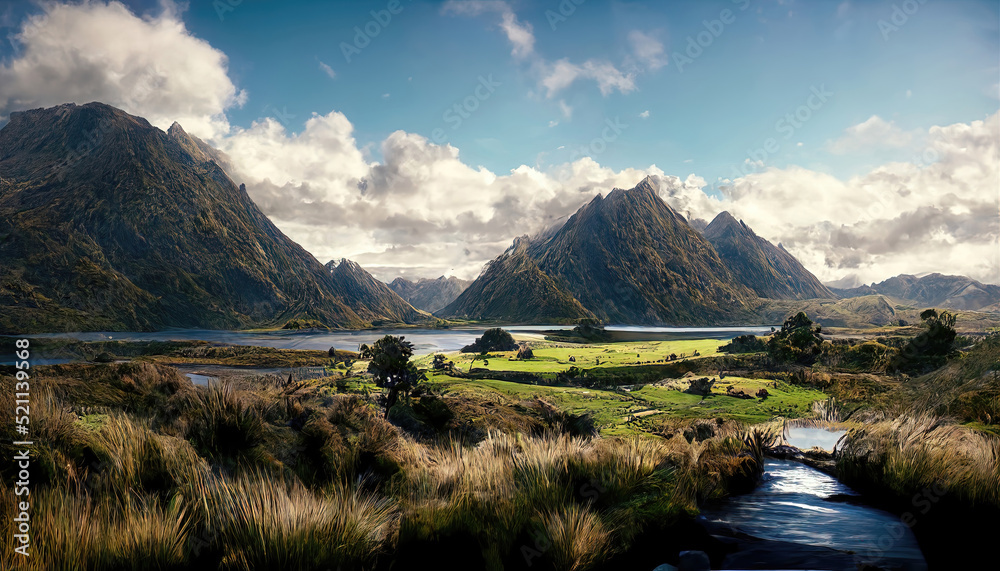 Beautiful landscape of New Zealand, mountains and river