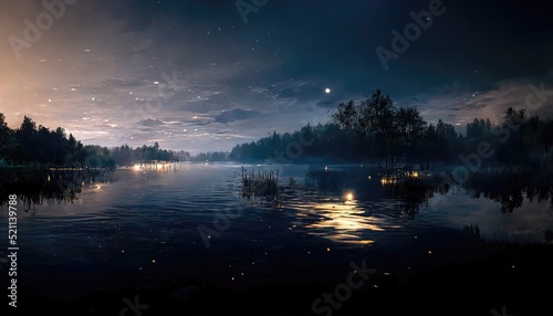 Beautiful landscape of a lake under a stary sky