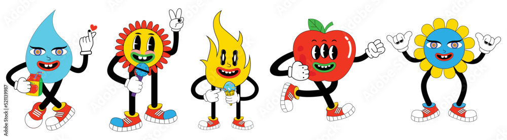 Cartoon abstract groovy comic funny emoji characters. Funny cartoon characters in trendy retro style fire, water drop, flower, apple, abstract faces etc. Cartoon abstract groovy comic funny emoji characters. Funny cartoon characters in trendy retro style fire, water drop, flower, apple, abstract faces etc.