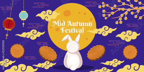 flat mid autumn festival illustration with moon, mooncake, tree, clouds, and rabbit