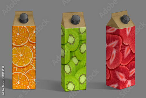 Juice package mockup, carton boxes with fruits print. Pack with orange, kiwi and strawberry front and angle view. Container for liquid production, isolated packing object, Realistic 3d vector mock up