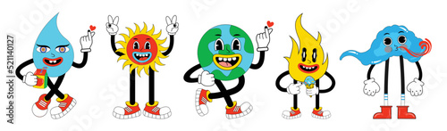 Funny cartoon sticker pack of fire, water drop, earth, wind, flower. Cartoon abstract groovy comic funny emoji characters. Cute comic doodle stickers, psychedelic sticker, hallucination weird shapes.