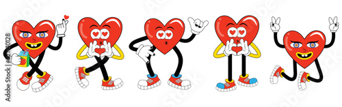 Heart shape funny cartoon characters in trendy retro style. Cartoon abstract groovy comic funny emoji characters. Cute comic doodle stickers, psychedelic sticker, hallucination weird shapes. 