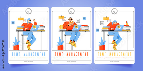 Time management posters with people working in office or home workplace. Vector banners of time control with cartoon illustration of busy employees sitting at table with laptop