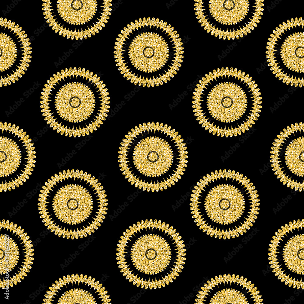 Golden flower sunflower sun, seamless pattern black gold shining shiny background Golden flower sunflower sun, seamless pattern black gold shining shiny background