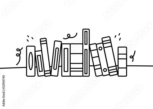 Books in a row in doodle style. Design element for postcard, banner back to school. Design objects isolated on white background for decorations, background, texture or interior wallpaper.
