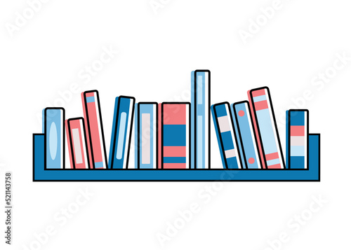 Bookshelf with books, vector simple icon with collection or set of colorful folders, shelves with notebooks, wooden furniture for office using, element of interior design for home, books lean on row