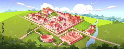 Rome isometric landscape with antique city building on hill vector cartoon game background. Capitol temple and basilica with square, roman forum, taberna and insula, military camp, river with bridge