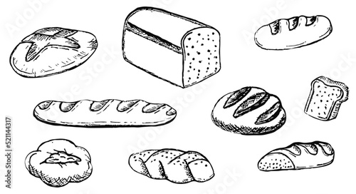 Bakery products. Bread, loaf, loaf. Black. Outline drawing by hand. Graphics. Vector. Used for printing, advertising, covers, web design.