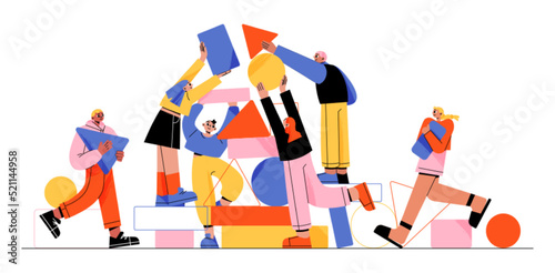 People work together set up abstract geometric shapes. Businesspeople teamwork, communicate, corporate teambuilding, collaboration, cooperation, partnership, Linear cartoon flat vector illustration