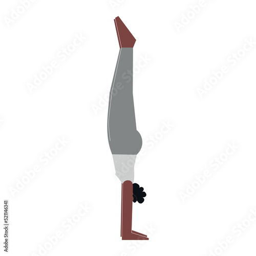 Vector isolated illustration with flat female african american character. Sportive woman learns Balancing posture Adho Mukha Vrksasana at yoga class. Fitness exercise - Handstand Pose