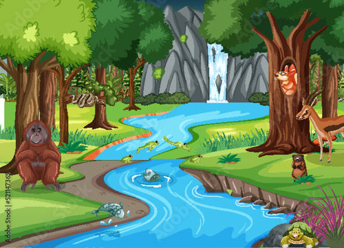 Wild animals cartoon characters in the forest scene