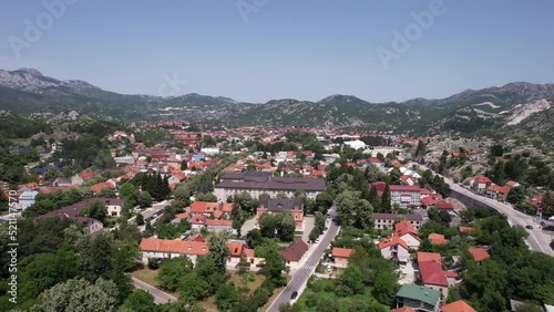 Cetinje, Montenegro. Aerial View of Cityscape of Old Capital, Establishing Drone Shot photo