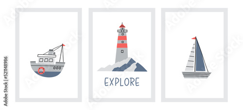 Cute cartoon sea ship, Lighthouse, yacht,   - vector print for children. Scandinavian baby texture for fabric, textile, wallpaper, kids bedroom design. Nordic Boho kids print