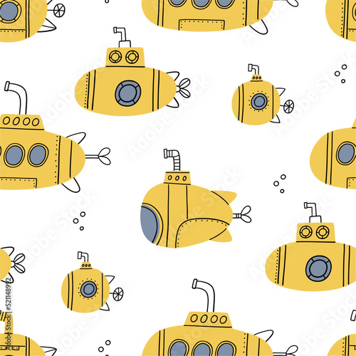 Cute cartoon sea ship submarine - vector print for children. Scandinavian baby texture for fabric, textile, wallpaper, kids bedroom design. Nordic Boho kids seamless pattern
