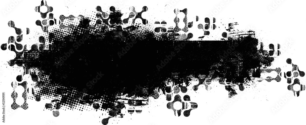 Naklejka premium Glitch distorted geometric shape . Noise destroyed logo . Trendy defect error shapes . Glitched frame .Grunge textured . Distressed effect .Vector shapes with a halftone dots screen print texture.