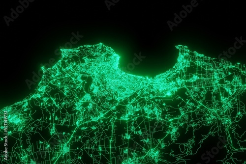 Map of the streets of Algiers (Algeria) made with green illumination and glow effect. Top view on roads network. 3d render, illustration