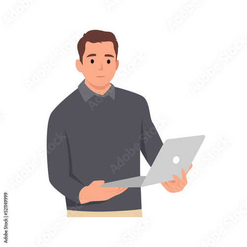 Young man holding laptop computer and smiling while standing. Flat vector illustration isolated on white background