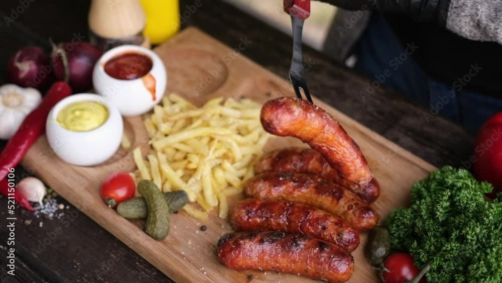 close-up view of tasty grilled sausage on a fork over wooden serving board with french fries and sauces close-up view of tasty grilled sausage on a fork over wooden serving board with french fries and sauces