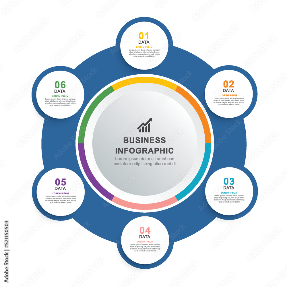 Infographics circle timeline with 6 number data template. Vector illustration abstract background. Infographics circle timeline with 6 number data template. Vector illustration abstract background.