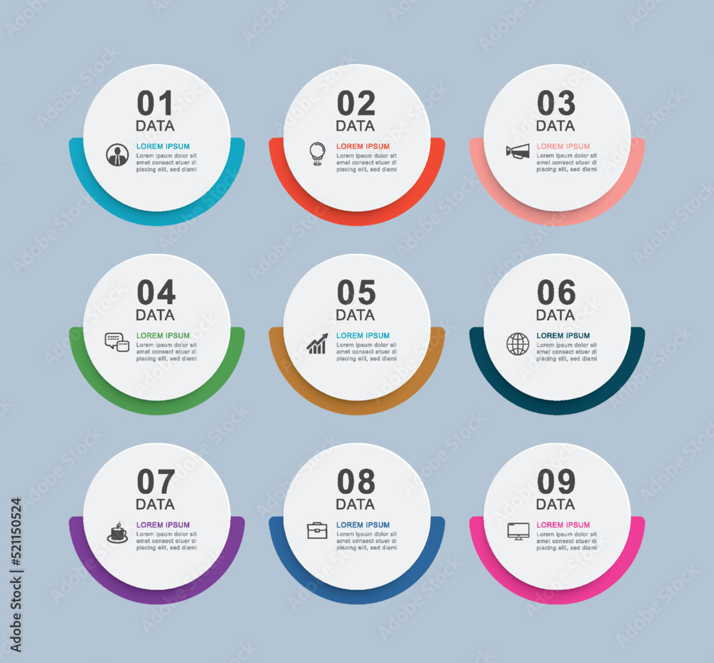 Infographics circle timeline with 9 number data template. Vector illustration abstract background. Infographics circle timeline with 9 number data template. Vector illustration abstract background.