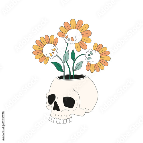 Hippie Groovy Halloween skull flowerpot with skull flowers vector illustration isolated on white. Retro 70s 60s Braincase skeleton dead head pot print for T-shirt design.