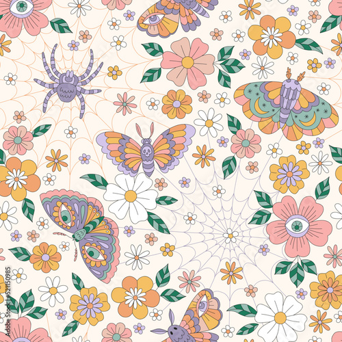 Retro Halloween Flower Power Mystic Garden Evil Eye Moon Moth Spider Cobweb vector seamless pattern. Mystical Floral insects death head hawkmoth background. Autumn holiday surface design.
