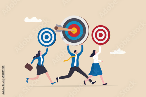 Personal goal for career development, individual target to achieve for job evaluation, objective or purpose concept, businessman and businesswoman office workers walking with their personal goals.