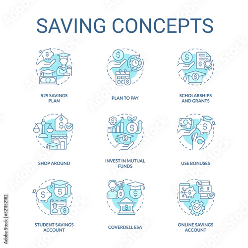 Saving for education turquoise concept icons set. Student funds. Collage payments idea thin line color illustrations. Isolated symbols. Editable stroke. Roboto-Medium, Myriad Pro-Bold fonts used