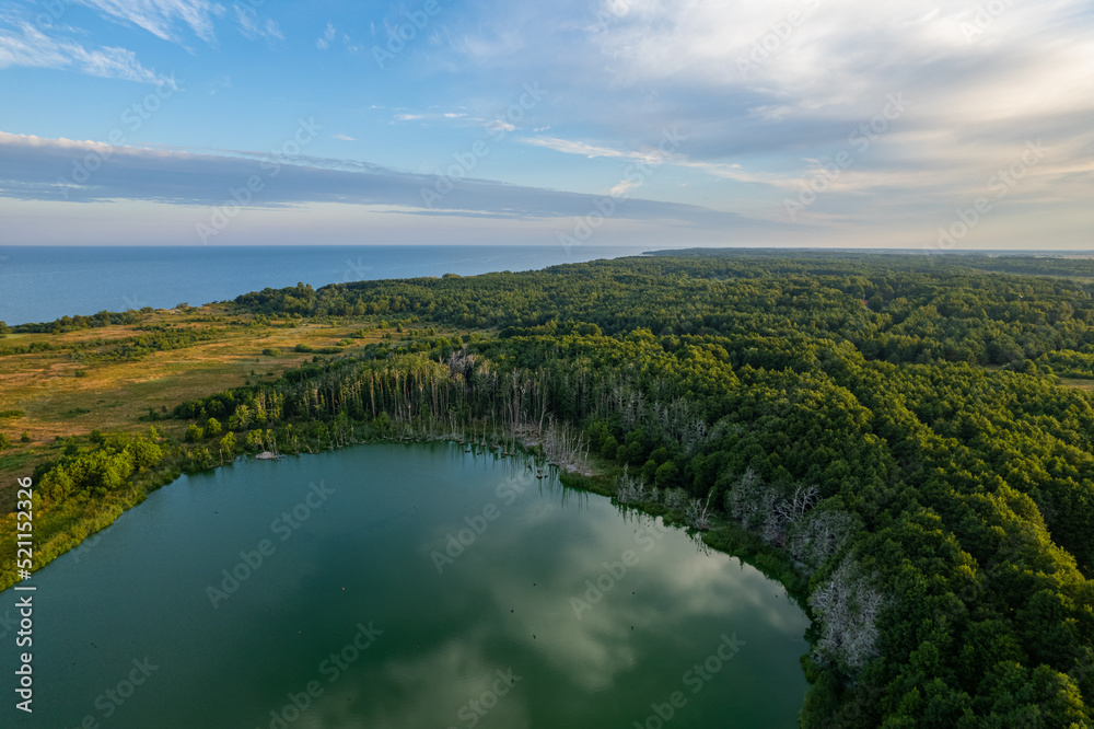 Aerial summer beautiful morning view of Plazė (Plocis) lake, near Klaipeda and Palanga, Lithuania